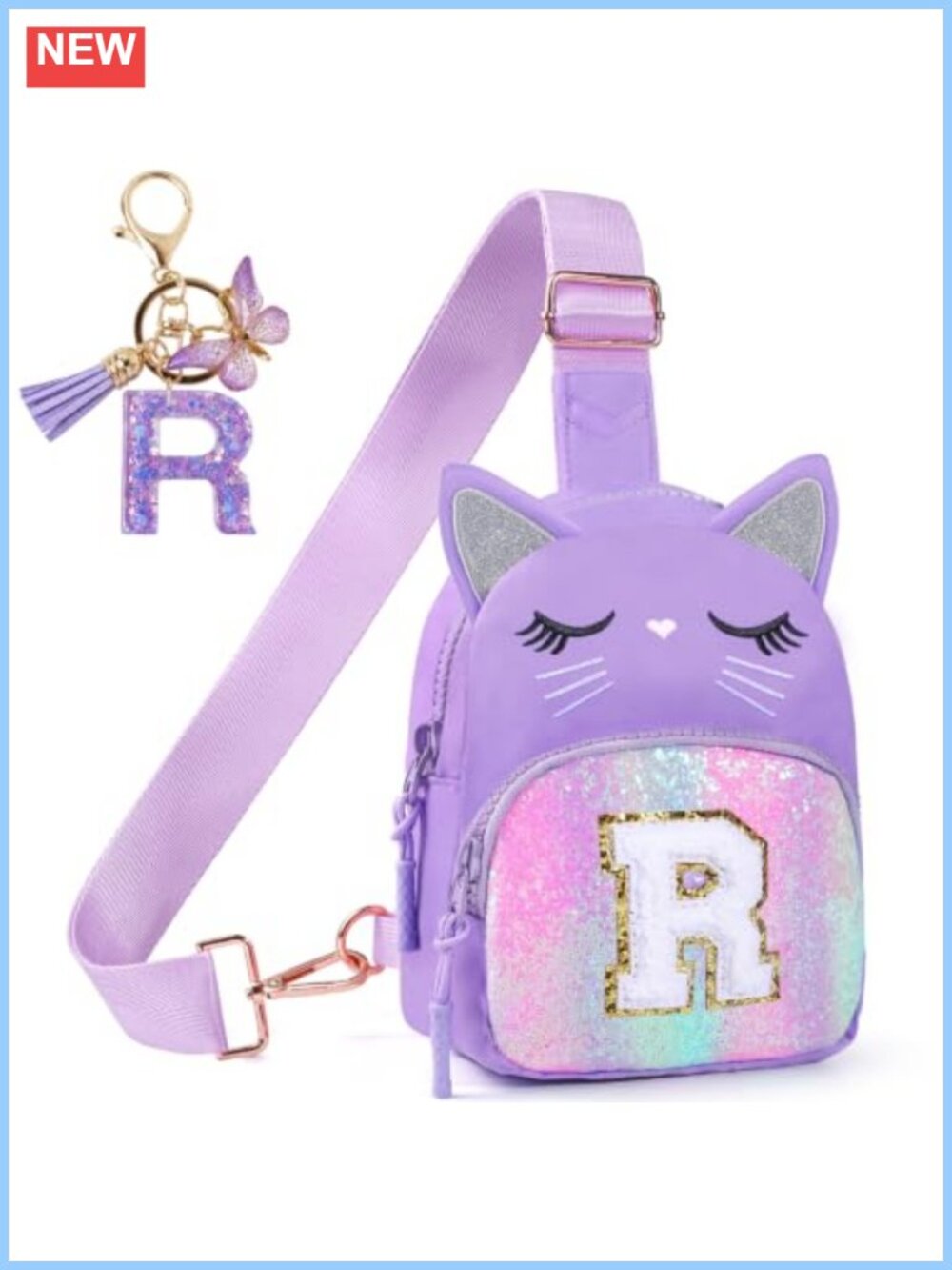 Girls Initial Sling Crossbody Bag Purse Cat Sequin